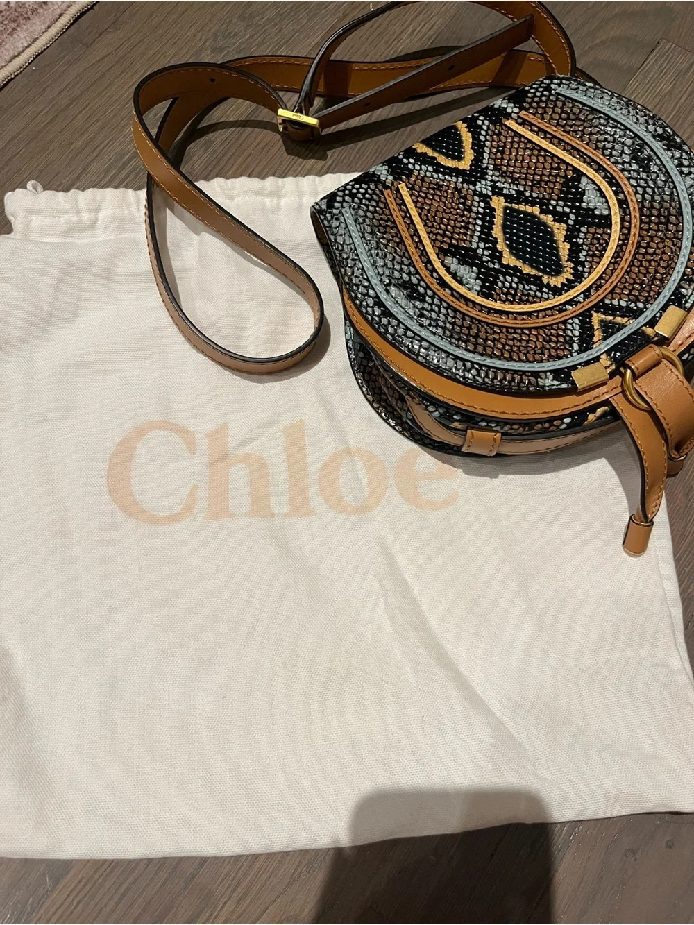 Chloe Marcie Small Saddle Bag- Multicolor Python Print Embossed Leather